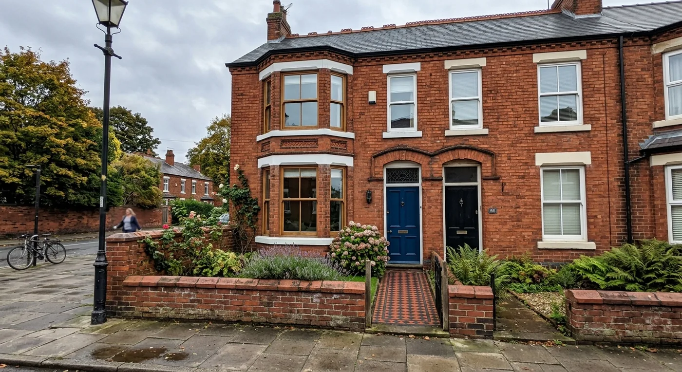 A phone photograph of a red-brick Victorian terraced house from the pavement
