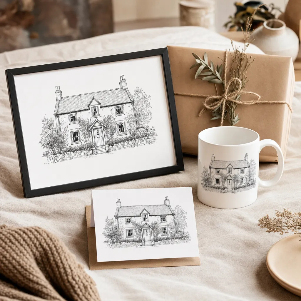 A new home gift set — matching framed house print, mug and card