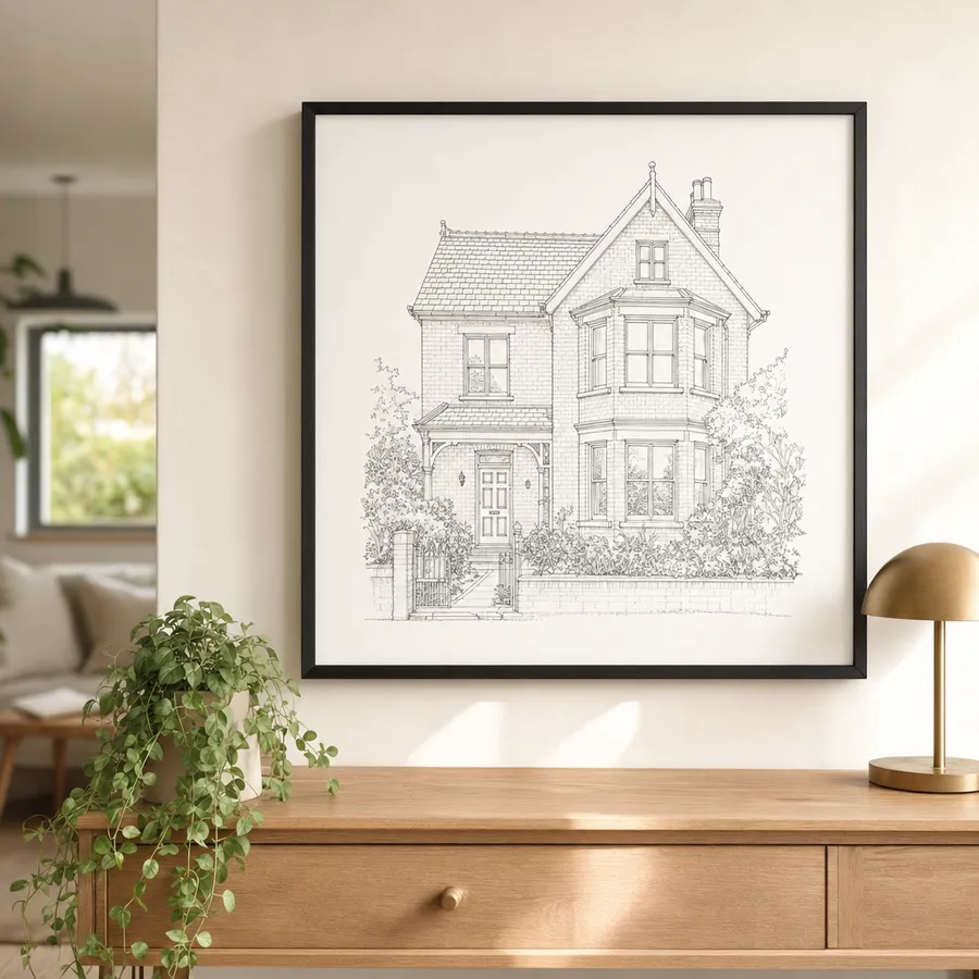 Custom fine-line house illustration print, framed